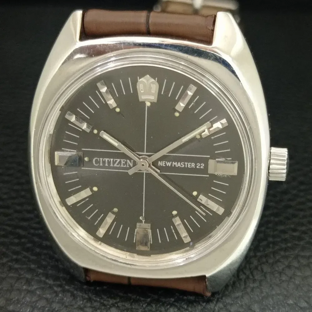 Vintage 1985 Citizen Manual Wound Mens Silver Watch & Black accents